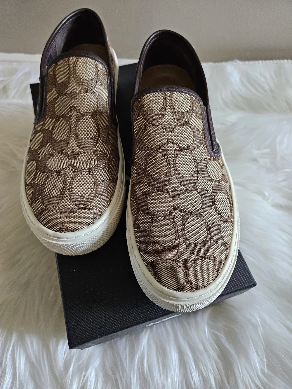 Coach Signature Canvas Slip-On Sneakers in Brown and White